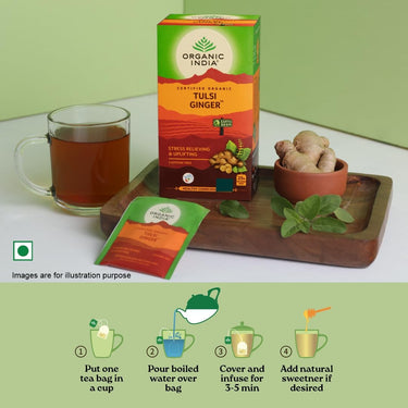 A TATA Product - Organic India Tulsi Ginger - 25 Tea Bags, Rich in Antioxidants, Supports Digestion, Stress Relieving, Helps Boost Metabolism, Caffeine-Free, Whole Herbs Certified Organic